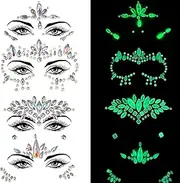 FLAFARY Crystals Face Gems Glitter Jewels, 4 PCS Glow In The Dark Temporary Tattoos, Face Jewels for Women Make-up, Eyes Body Paint Stickers for Halloween Carnival Festival Party (Style A)
