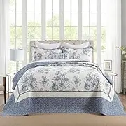 CozyStitch Floral Bedspread 102"x120" Oversized Queen Bedspread, 100% Cotton Oversized Queen Quilt with 2 Pillow Shams, Lightweight Garden Quilted Bedspreads Coverlet Sets, Blue/Cream, 3 Pcs