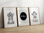 Set of 3 Tribal Safari Monochrome Name Wall Art Prints, Kids Playroom Decor