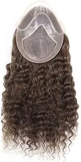 Mens Wig Hair #4 Medium Brown Men's Toupee 12 14 16 Inch Lace Front Curly Human Hair Systems Mono Lace PU Around Base Mens Toupee(14 inches)