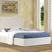 Istyle Wimbledon King Gas Lift Ottoman Storage Bed Frame Fabric Beige