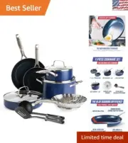 Stylish 11-Piece Diamond Infused Ceramic Nonstick Cookware Set, Blue