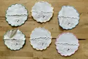 New Vintage Set of 6 Linen Embroidered Wine Glass Coaster/Drip Catcher Roosters