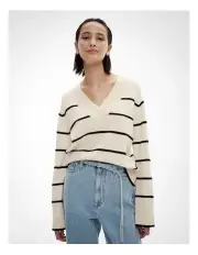 [Witchery] Raglan V Neck Knit in Black/Cream Stripe