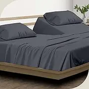 Flex Top Split King Size Sheet Set - Double Brushed 100% Microfiber Half Split King Sheet - 15" Deep Pocket 4 PC 34" Top Split King Sheet Sets - Fade Resistant - Dark Grey Solid