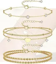 [CASSIECA] Gold Ankle Bracelets for Women - 14k Gold Plated Anklets Waterproof Stainless Steel Layered Heart Cuban Link Chain Herringbone Anklets for Women Summer Beach Jewelry Gift Adjustable Size 5pc