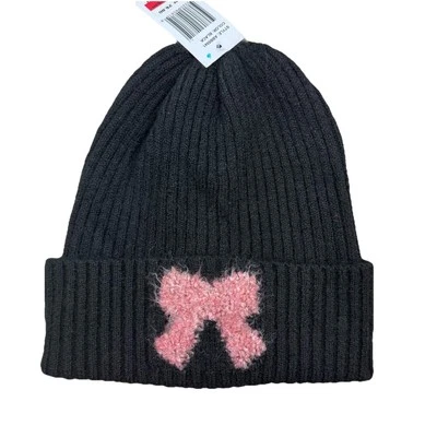 NWT PINK RIBBON Black Knit Stocking HAT Beanie Cap Breast Cancer Awareness OSFM