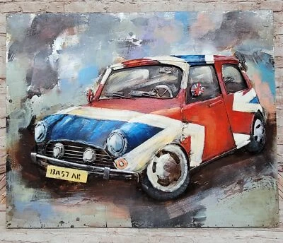 Classic Mini Cooper Union Jack 3D Wall Painting Handmade UK Car Decor Figurine