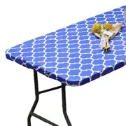 Rectangle Table Cloth Fitted Plastic Table Cover Elastic Edge Vinyl Folding Tablecloths for Picnic Party -Blue