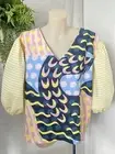 Madam Relove Gorman Vneck Top XL Cotton Striped Puffy Sleeves Blouse Handmade