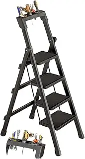 4 Step Ladder, Non-Slip Household Stepladder, Folding Step Stool Stepladders, Sturdy Iron Step Ladder with Handrail and Tool Table, 150KG Weight Capacity, Suitable for House Office (Black)