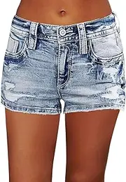 [Flamingals] Ripped Stretchy Jean Shorts for Women Raw Hem Mid Waist Casual Trendy Denim Shorts