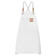 Canvas Chef Aprons Adjustable 75x68cm Cross Back Cooking Apron 3 Pockets White