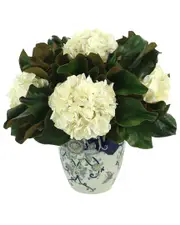 Creative Displays White Hydrangea And Magnolia Leaf Arrangement In A Decorative Ceramic Vase