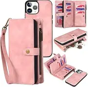 TwoHead for iPhone 11 Pro Max Case Wallet with Card Holder,Detachable Magnetic PU Leather Wallet Shockproof Protective Cover with Wrist Strap,6.5'',Pink