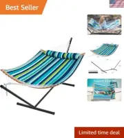 Hammock with Stand 2 Person Heavy Duty Cotton Padded Pillow Portable Outdoors
