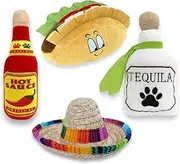 Baja Ponchos 4 Pack Fiesta Dog Chew Toys and Sombrero - Mexican Squeak Plush Toys - Dog Gifts for Chihuahuas - Taco - Tequila - Hot Sauce - for All Breeds