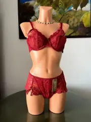NWT Chantelle Red Lace Bra and Boyshort Set