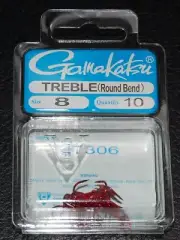10 Pack Gamakatsu 47306 Round Bend Red Treble Hooks - Size 8 Super Sharp
