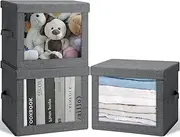 [Bellzacasa] Large Collapsible Storage Bins with Lids, 3 Pack Foldable Clear Window Storage Boxes with Handles, Linen Fabric Storage Cubes Baskets Organizer Containers, Gray, 15.8x11.8x11.8”