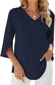 [YUTILA] Blouse Women's Elegant Tunic Chiffon Women's Blouses Top Plain Spring 3/4 Sleeve Tops Blouse Shirt, darkblue, X-Large