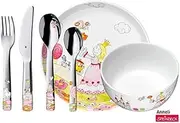WMF Princess Anneli Children's Crockery Set 6 Pieces Children's Porcelain Girls with Children's Cutlery from 3 Years, Polished Cromargan Stainless Steel, Dishwasher Safe