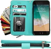 Cavor for iPhone SE 2020/ SE 2022/ iPhone 7/ iPhone 8 Case,PU Leather Zip Pocket Wallet Flip Cover Case Magnetic Closure Book Design with Kickstand Feature & Card Slots-Light Green