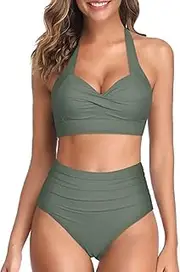 [Generic] Women's Two Piece Tummy Control Swimsuit Ruched High Waisted Bathing Suit with Vintage Bikini Top Swimwear