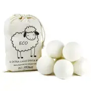 6 XL Wool Dryer Balls Natural Fabric Softener 100% Organic+ reusable bag