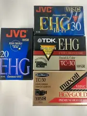 4 TYPES OF VHS-C CASSETTE TAPES FOR CAMCORDERS NEW SEALED MAXELL, JVC & TDK-E-HG