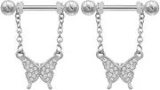 [Niaspi] 316L Surgical Steel CZ Butterfly Dangle Nipple Rings for Women 14G Silver Chains Straight Barbell Nipple Piercing Jewelry 0.55In Length