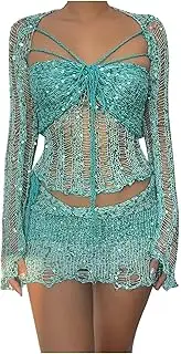 [HGps8w] Women's Crochet Sequin 2 Piece Outfits, Sexy Long Sleeve Crop Top with Mini Skirt Knitted Teens Y2k Sparkle Dress Sets, 01 Sky Blue, Medium