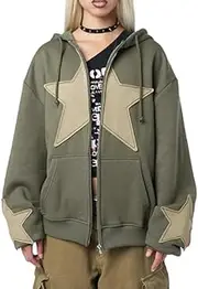 [Juakoso] Womens Y2K Long Sleeve Hoodies Zip Up Star Graphic Track Jackets Hip Hop Harajuku Oversized Sweater Sweatshirts