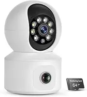 XIULIUU Security Camera Indoor, Dual-Lens Pet Camera with 64GB SD Card, 2.4GHz WiFi, 1080p HD & Full-Color Night Vision, 360° Pan-Tilt Coverage, Motion Tracking, 2-Way Audio Home Camera