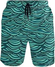 [GuoChe] Men's Novelty Beach Shorts Abstract Waves Turquoise Quick Dry Swimwear Holiday Beach Short Bathing Suits Mesh Lining