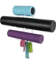 Guru Wall Mount Yoga Mat Foam Roller and Towel Rack with 3 Hooks for White