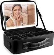 Uandhome Large Makeup Train Case with Mirror and Light, Travel Makeup Bag Cosmetic Organizer Bag with LED Lighted 3 Color Adjust Brightness, Waterproof Makeup Travel Case for Women