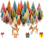 Yookat 51Pcs Mini Pine Trees Artificial Mini Trees with Wood Base Sisal Trees Bottle Brush Trees Assorted Color and Deer Boxes Winter Snow for Christmas Decoration (Multicolor-4)