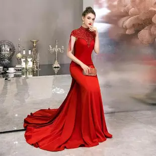 【女神婚紗禮服】高端紅色氣質女王拖尾宴會晚禮服 PLGZ-36(派對 旅拍)
