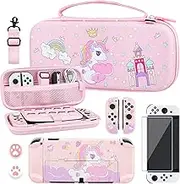 RHOTALL Cute Unicorn Carrying Case Set for Nintendo Switch OLED, Pink Storage Case for Switch OLED and Accessories with Protective Case, Screen Protector, Adjustable Shoulder Strap and 2 Thumb Caps