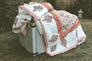 Linen Connections Vintage Handmade Kantha Floral Cotton Quilt Throw Bedspread Block Print Quilt Indian Quilt Comforter Duvet Cover Quilt