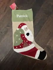 NWT Pottery Barn Crewel Santa & Bag Beige Linen Christmas Stocking Mono Patrick