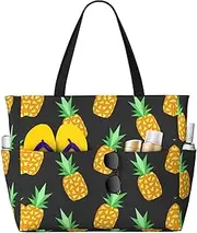 [Ghjkfbf] Yellow Pineapple Print Large Capacity Beach Travel Bag For Family, Beach Tote Bag For Women With Zipper Pockets, Black, One Size