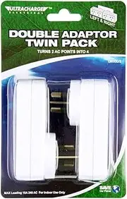 Ultracharge Double AC Adaptor Twin Left & Right 4 Outlets Plug Extender, White