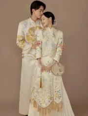Off White Chinese Bridal Qun Kwa Qipao Cheongsam Peacock Wedding Dress