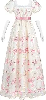 [NSPSTT] Purple Floral Regency Dress - Women's Medieval Long Dress with Puff Sleeves & High Waist - One Size - Hand Wash Only