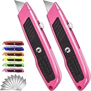 Box Cutter, 2 Pack Pink Utility Knife, Durable Razor Knife, Box Opener with 10 SK5 Blades, Exacto Knife, Cardboard Cutter, Box Cutter Retractable, Perfect Package Opener for Home, Office