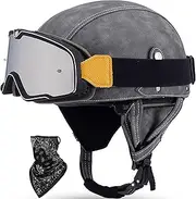 Leather Half Helmet Vintage Motorbike Helmet with Visor Half Shell Helmet for Adult Men Ladies Cruiser Motorcycle Scooter DOT/ECE Approved Vintage Open Face Helmet