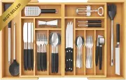 Expandable Bamboo Silverware Drawer Organizer 21-36" Adjustable Cutlery Tray