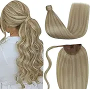 LaaVoo 20inch Highlight Tie Up Wrap Around Ponytail Balayage Ash Blonde Mixed Light Blonde Clip in Ponytail Human Hair Extensions Drawstring One Piece 100g #P18A/613
